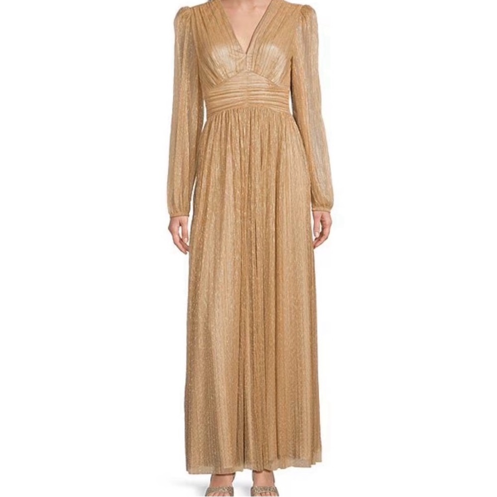 Alex Marie Bella Crinkle Metallic V-Neck Blouson Long Sleeve A-Line Gown Size 12